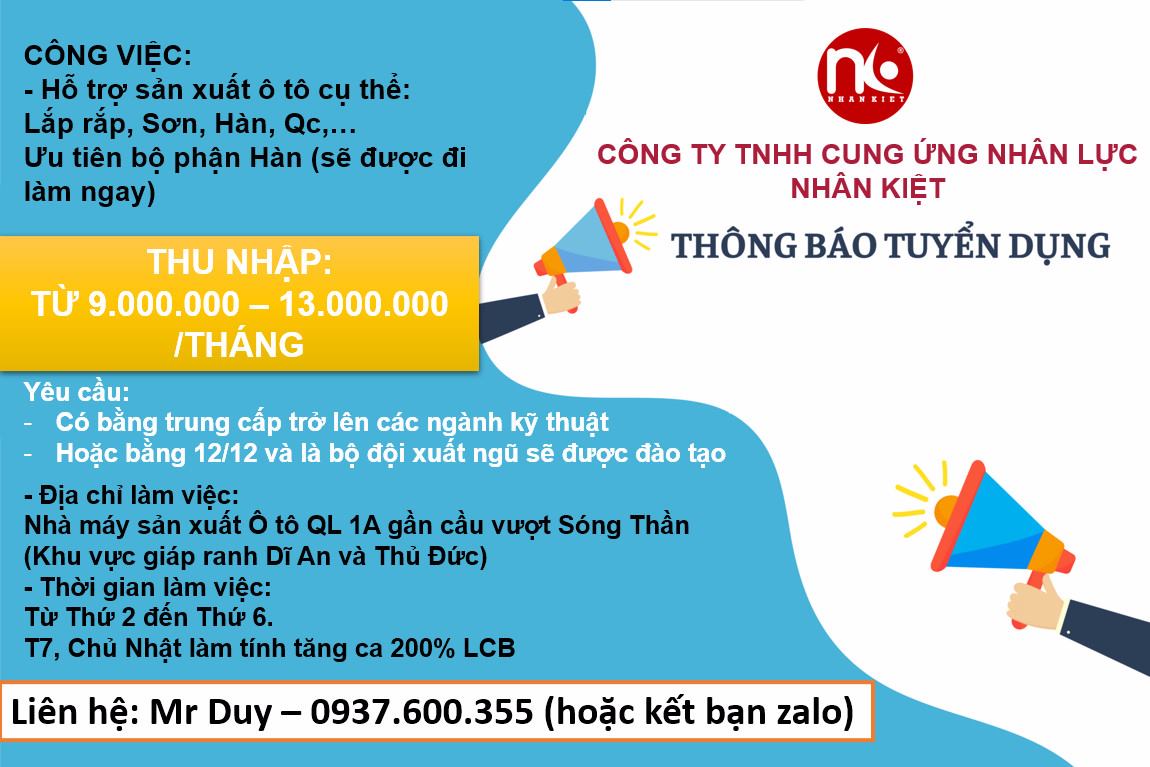 TUYỂN DỤNG CÔNG NHÂN SẢN XUẤT Ô TÔ