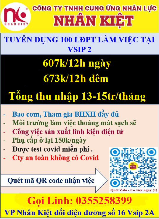 CÔNG TY NHÂN KIỆT CẦN TUYỂN GẤP 100 LĐPT