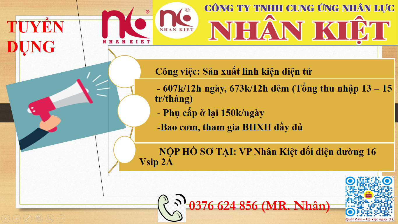 Công ty  Nhân kiệt tuyển gấp 100 LĐPT làm  điện tử