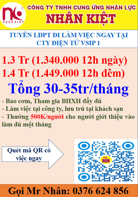 NHÂN KIỆT TUYỂN DỤNG 100 LĐPT LÀM TẠI VSIP 1 LƯƠNG CAO