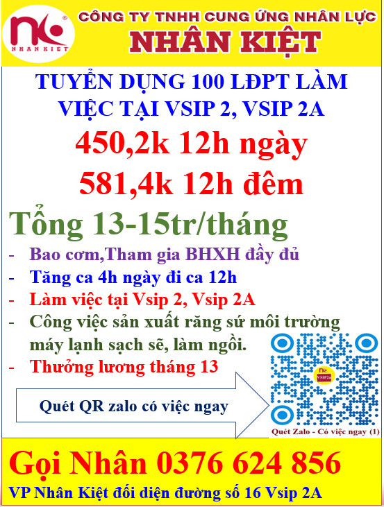 NHÂN KIỆT TUYỂN 100 LĐPT LÀM TẠI VSIP 2, 2A LƯƠNG CAO.
