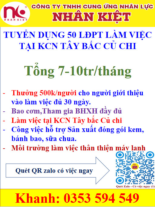 TUYỂN 500 LĐPT LÀM VIỆC TẠI CỦ CHI