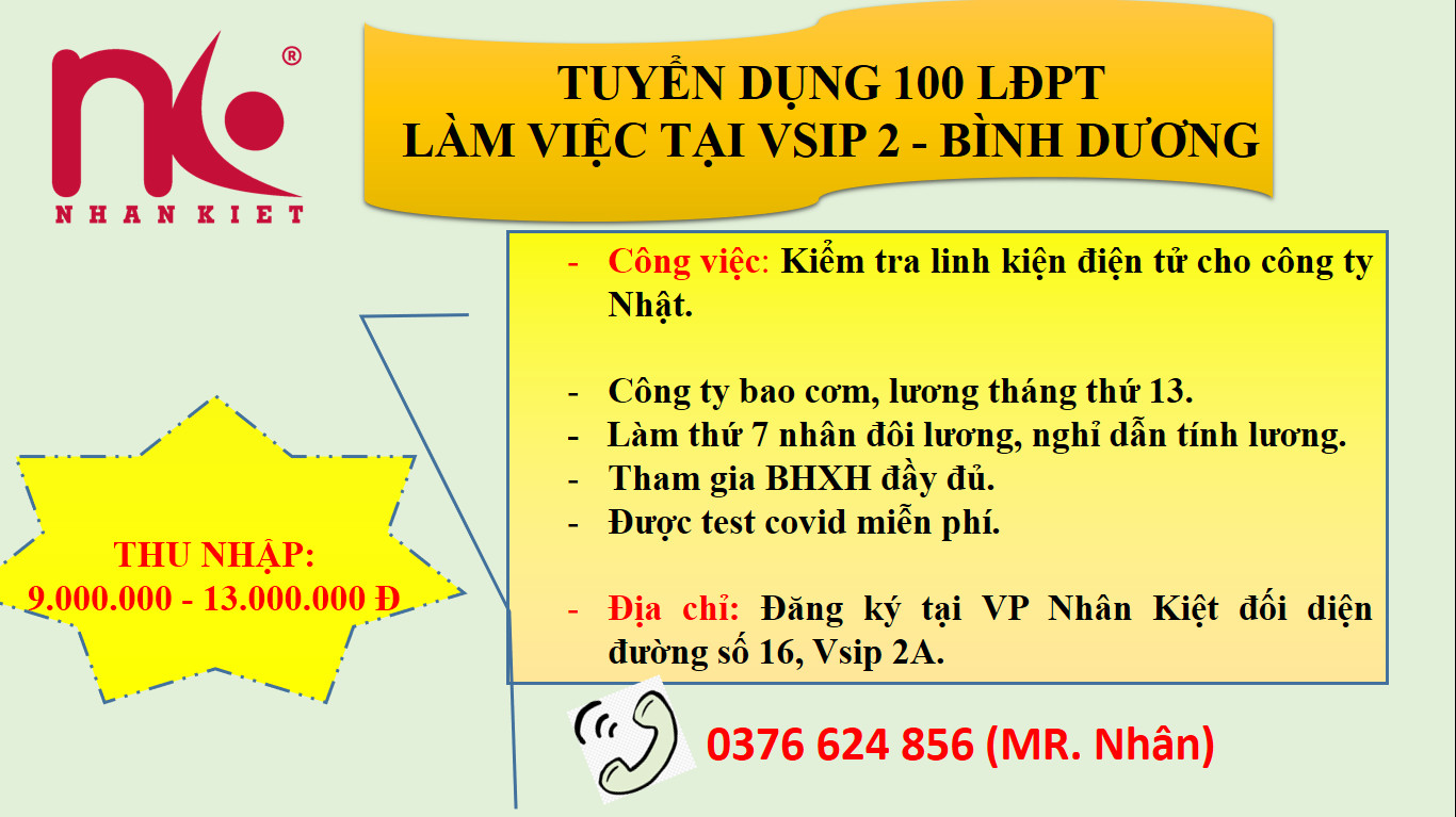 Công ty  Nhân kiệt tuyển gấp 100 LĐPT làm  điện tử tại Vsip 2