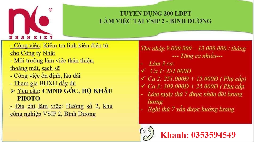 TUYỂN DỤNG GẤP 100 LĐPT LƯƠNG CAO LÀM VIỆC TẠI CÔNG TY ĐIỆN TỬ KCN VISIP 2A