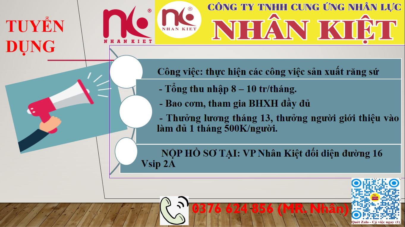 NHÂN KIỆT TUYỂN DỤNG 100 LĐPT LÀM VIỆC TẠI VSIP 2, 2A.