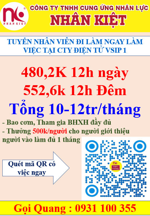NHÂN KIỆT TUYỂN DỤNG 100 LĐPT LÀM TẠI VSIP 1 LƯƠNG CAO.