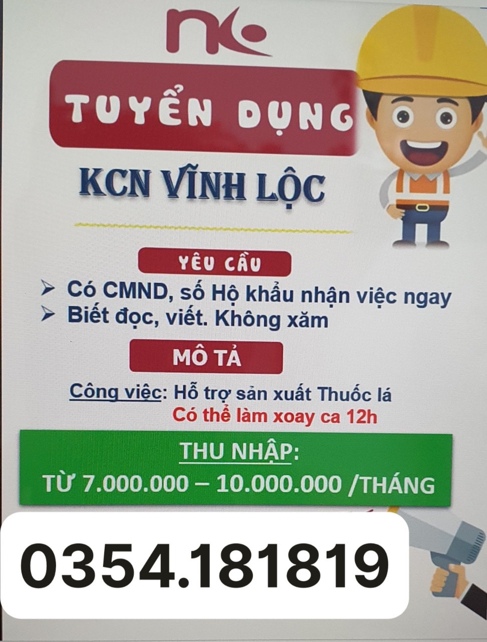 Tuyển LĐPT làm việc tại KCN Vĩnh Lộc