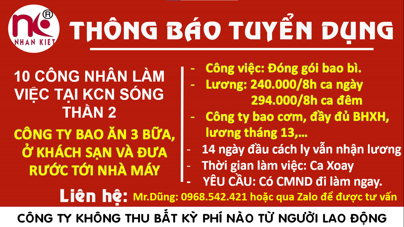 TUYỂN 30 LĐPT ĐÓNG GÓI BAO BÌ TẠI KCN SÓNG THẦN 2, DĨ AN, BÌNH DƯƠNG