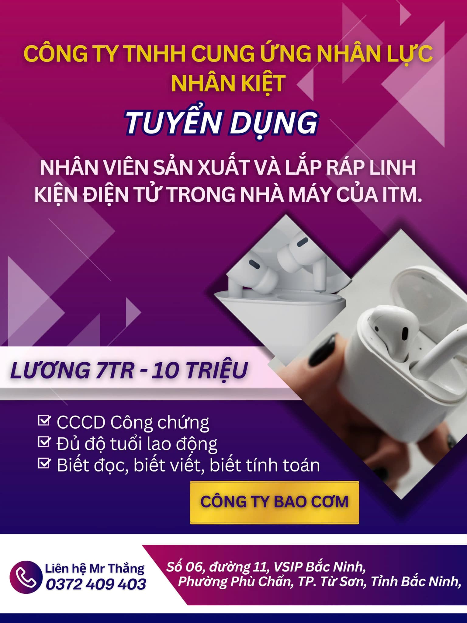 TUYỂN DỤNG 1000 LĐPT LÀM VIỆC TẠI NHÀ MÁY VSIP BẮC NINH