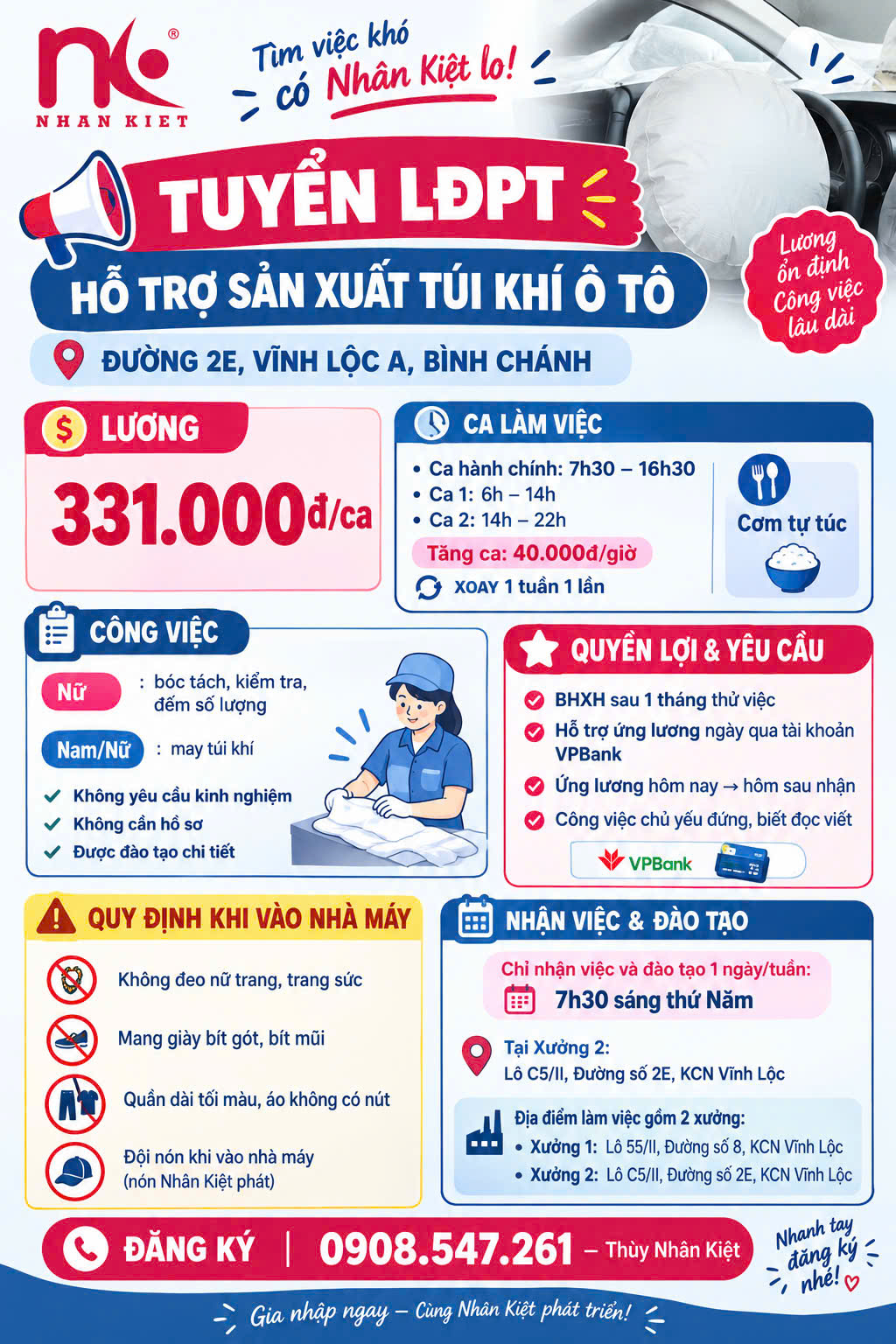 [VĨNH LỘC A] TUYỂN LĐPT HỖ TRỢ SẢN XUẤT TÚI KHÍ Ô TÔ - ỨNG LƯƠNG NGÀY