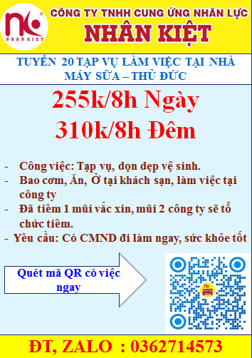 TUYỂN 20 LĐPT - TẠP VỤ NHÀ MÁY SỮA THỐNG NHẤT
