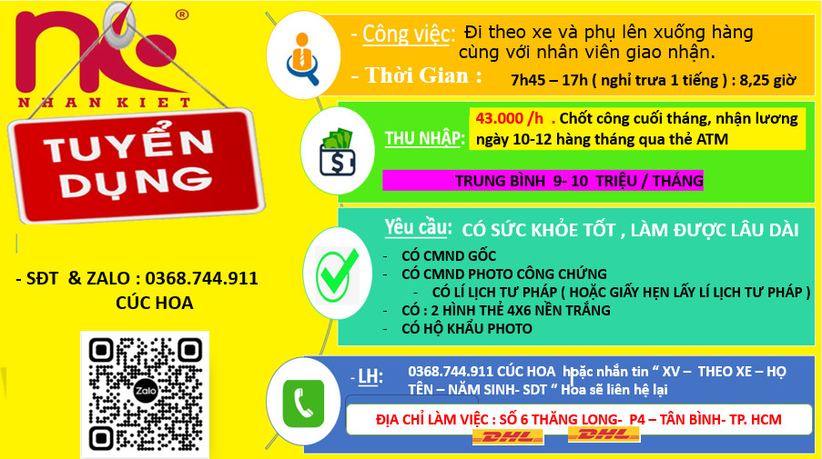 TUYỂN NAM THEO PHỤ XE GIAO NHẬN DHL