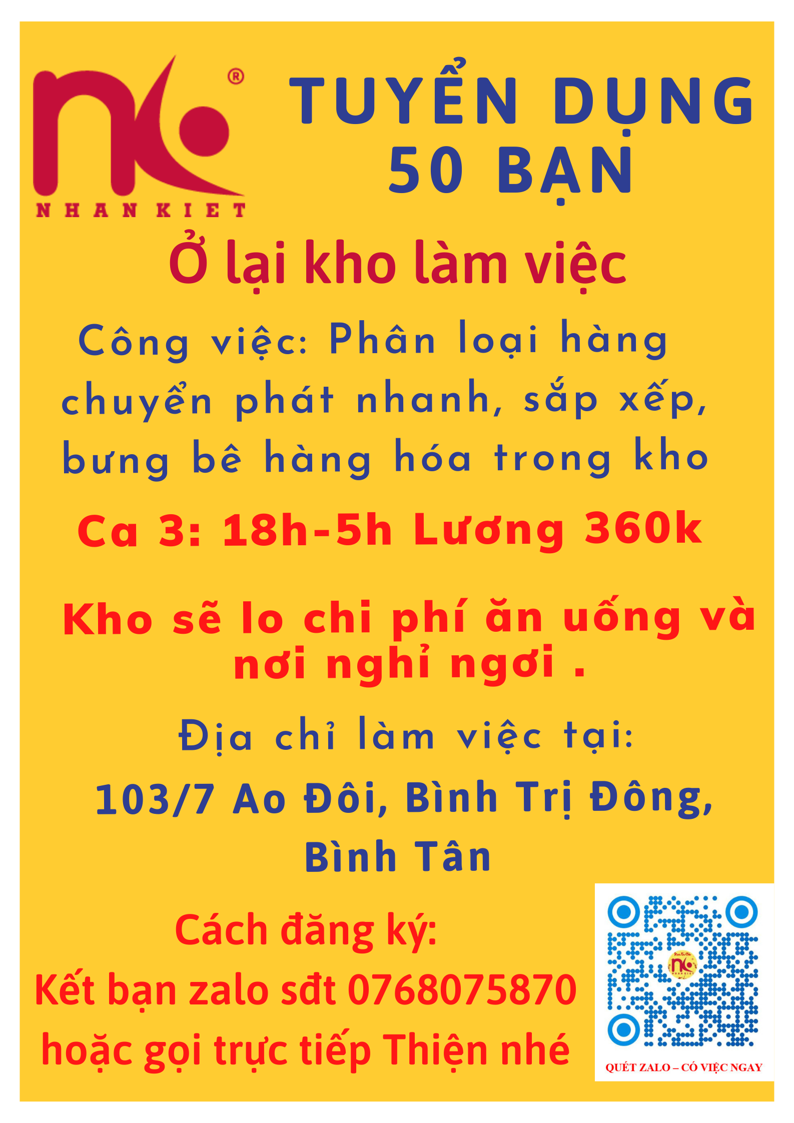 Tuyển dụng 50 bạn Ở lại - Làm việc tại Kho Bình Tân