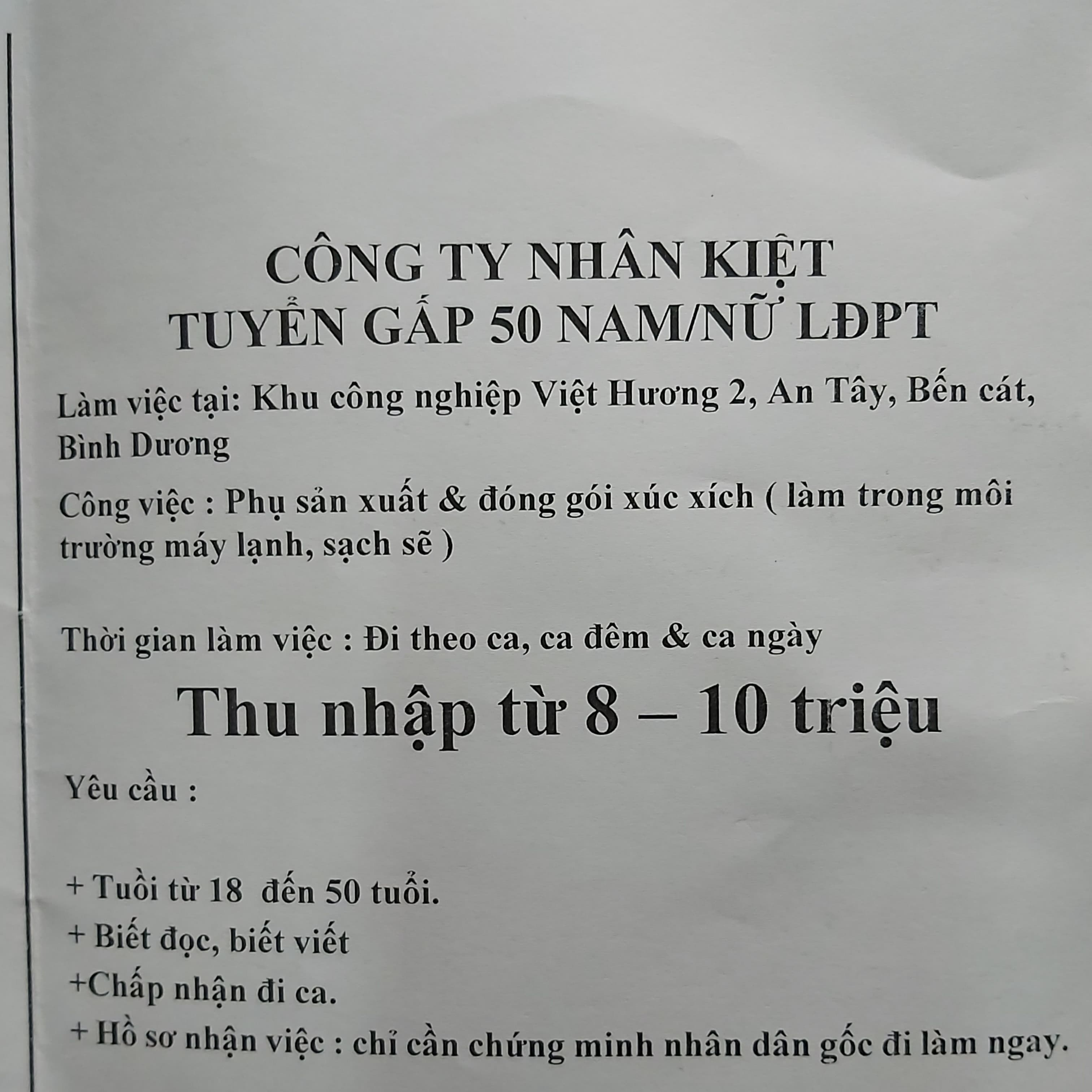 TUYỂN GẤP 50 NAM/NỮ LĐPT