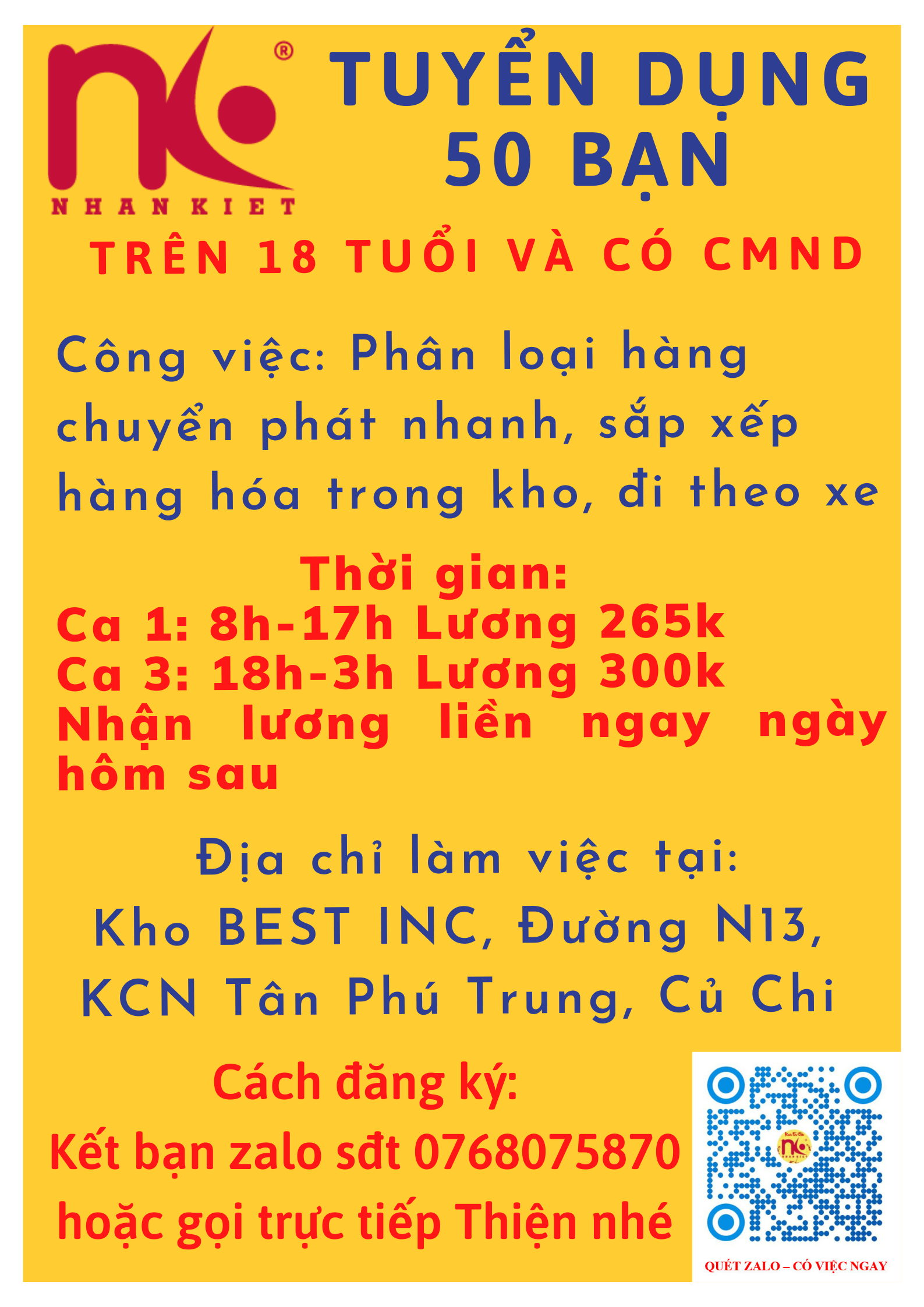 Tuyển 50 bạn phụ kho Củ Chi