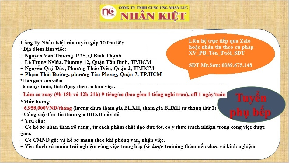 TUYỂN GẤP 10 PHỤ BẾP